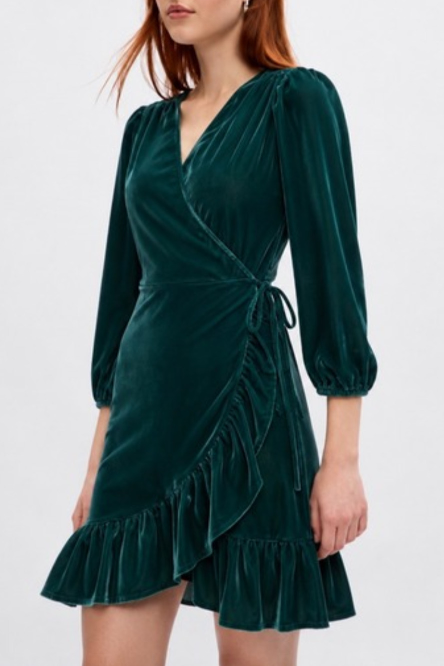 Gap green velvet ruffled wrap dress Size XS Petite Romantic Holiday Retro Boho